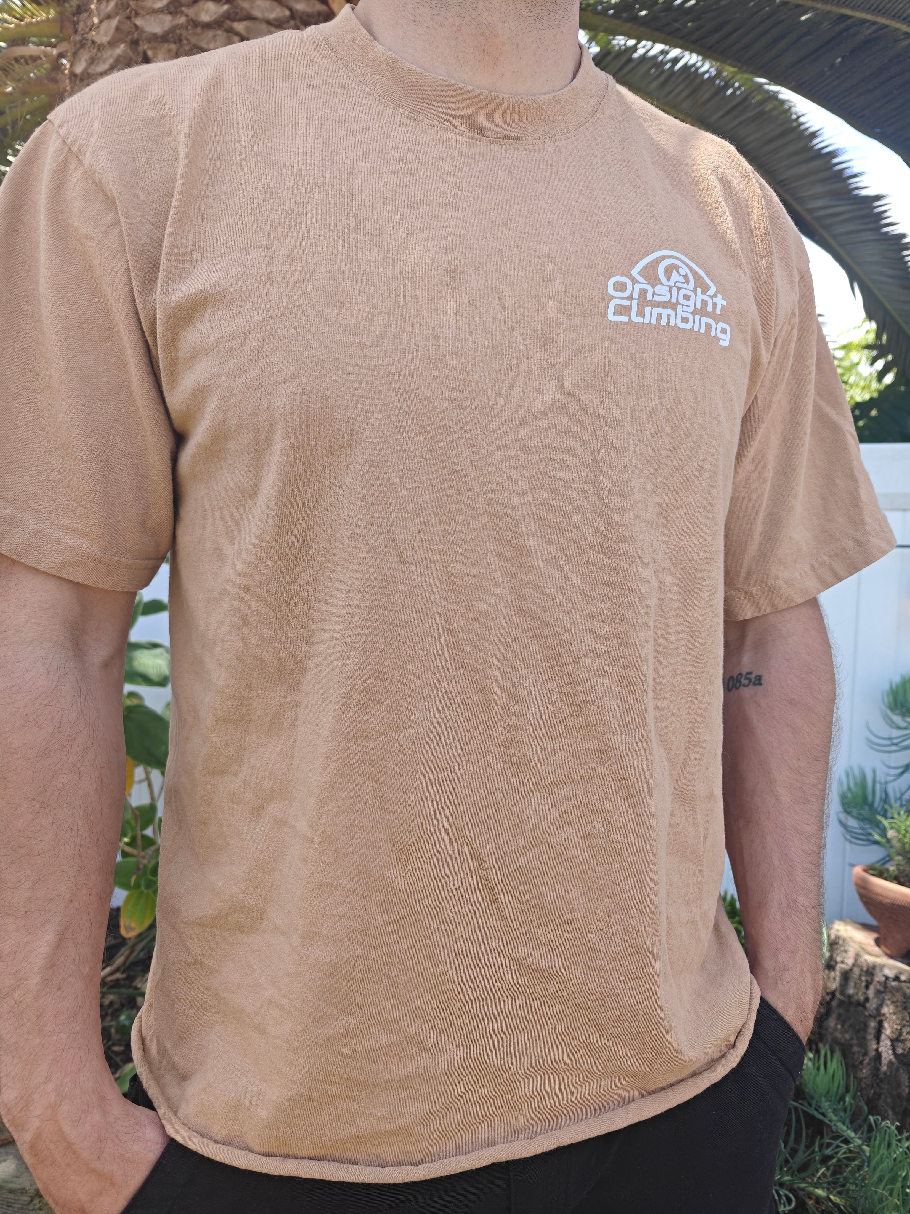 Sand tee - front with Onsight Climbing logo