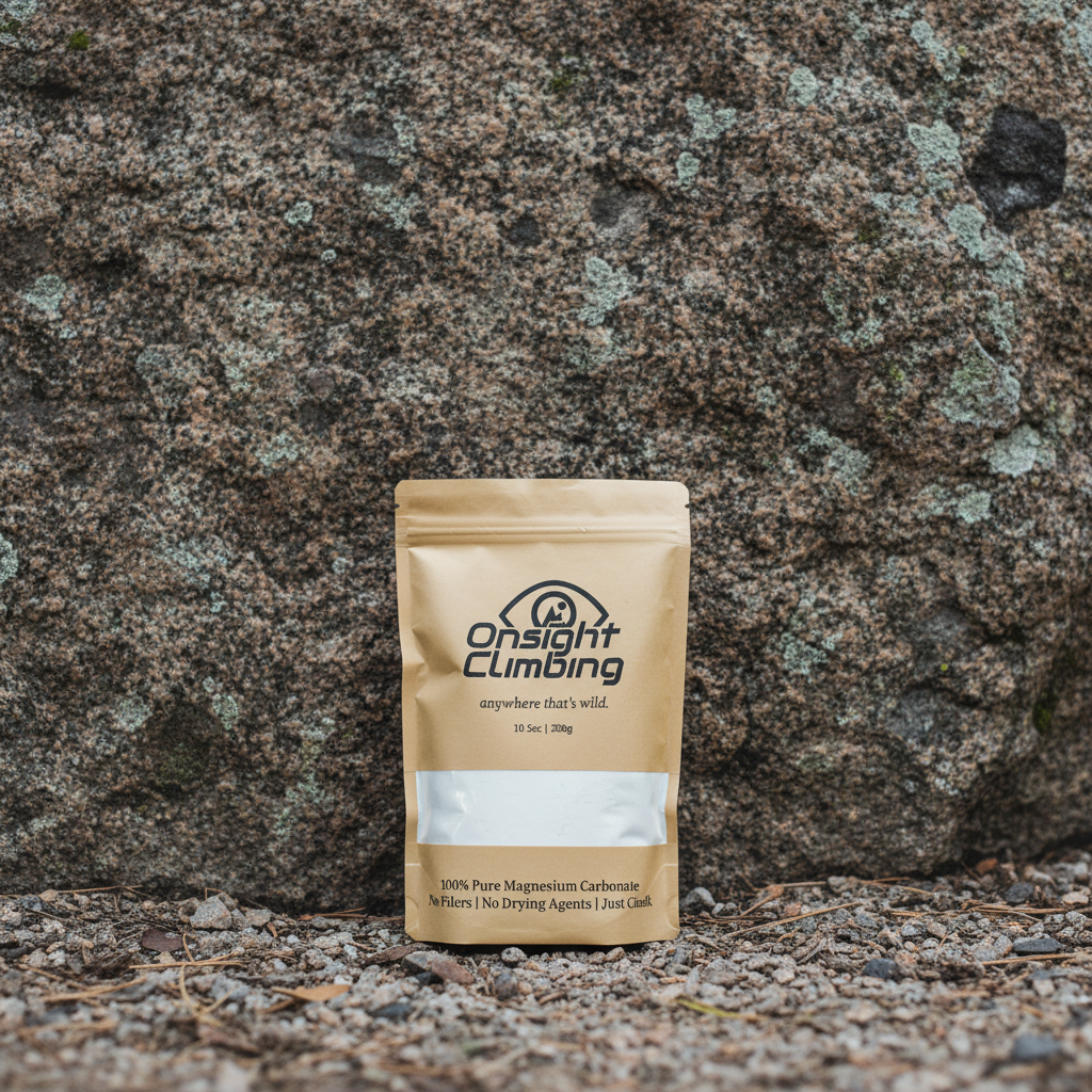 Onsight Climbing Chalk 200g bag against granite rock face